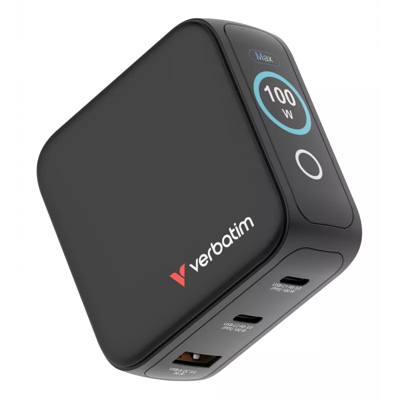 Verbatim Mini GaN nabíjačka 100W s displejom, interiérová, AC, 20 V, čierna