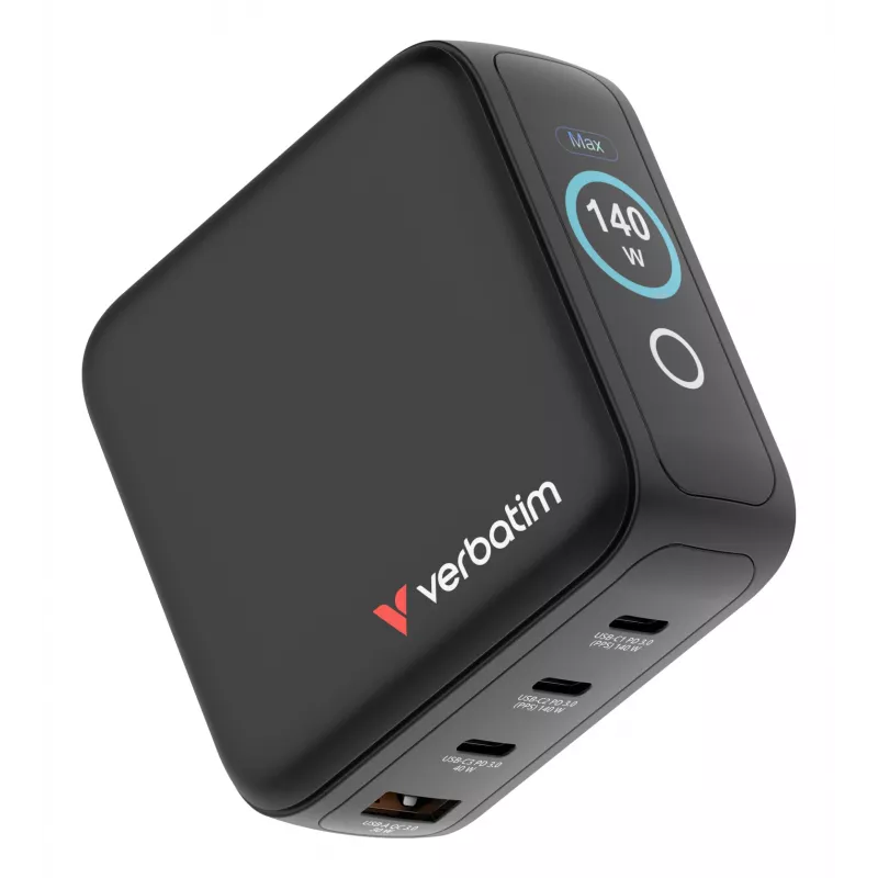 Verbatim Mini GaN nabíjačka 140W s displejom, interiérová, AC, 28 V, čierna