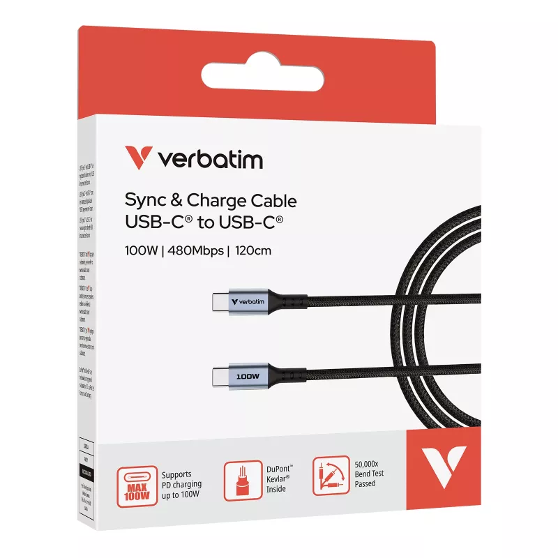 Verbatim Sync & Charge kábel – 100W USB-C na USB-C 120 cm, 1,2 m, USB C, USB C, USB 2.0, 0,48 Gbit/s, čierny