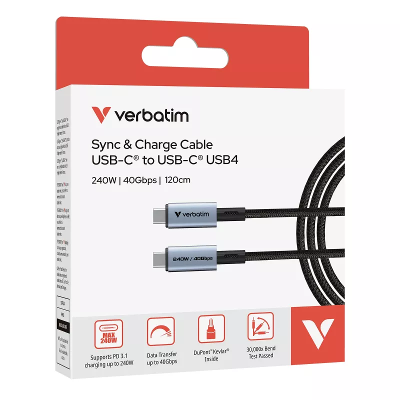 Verbatim Sync & Charge USB C na USB C 240W 40 Gbit/s 120 cm, 1,2 m, USB C, USB C, USB4 Gen 2x2, 40 Gbit/s, čierna