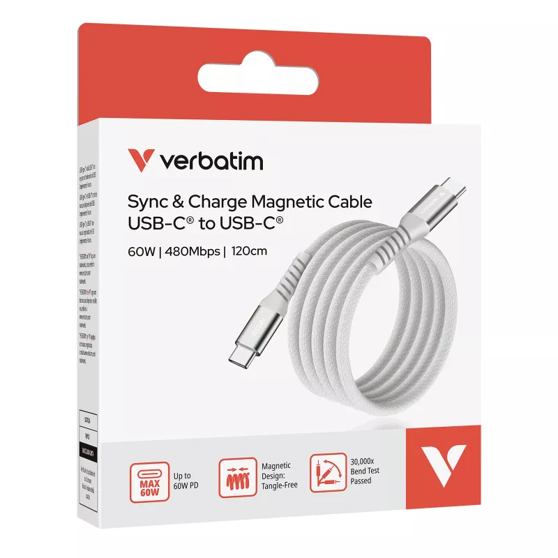 Verbatim Sync & Charge magnetický kábel – 60W USB-C na USB-C 120 cm sivý