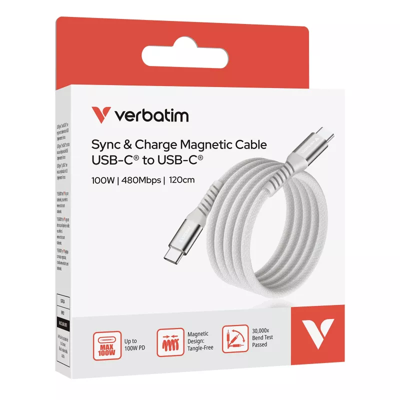 Verbatim Sync & Charge magnetický kábel – 100W USB-C na USB-C 120 cm sivý
