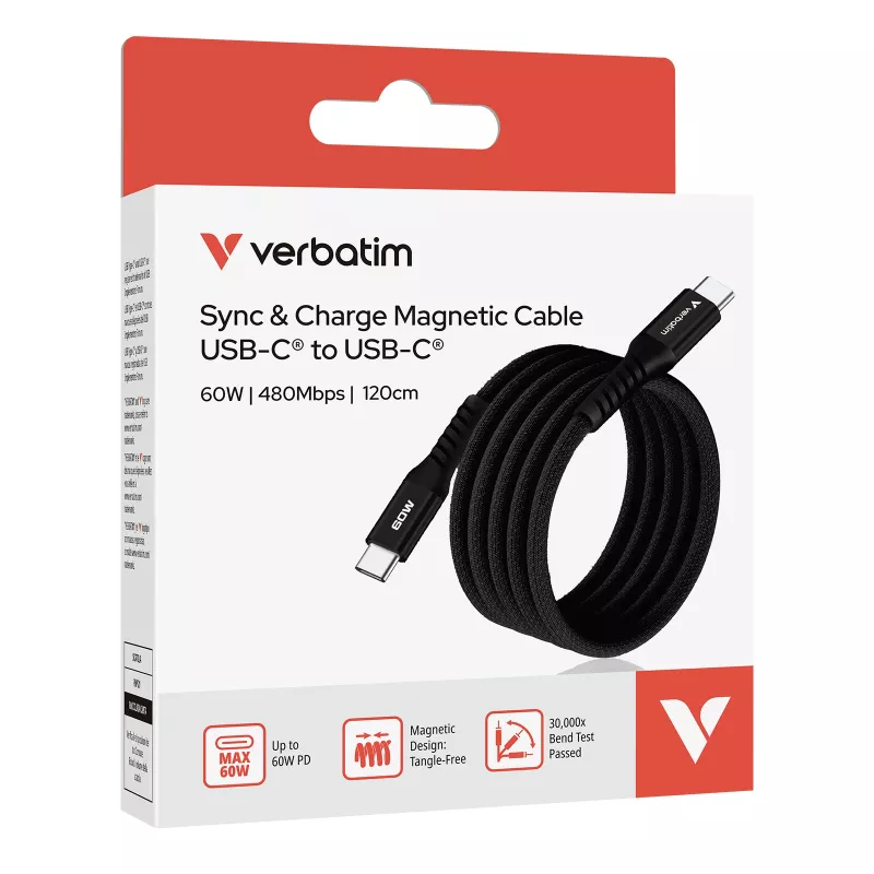 Verbatim Sync & Charge magnetický kábel – 60 W USB-C na USB-C, 120 cm, čierny