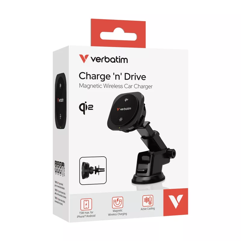 Verbatim Charge 'n' Drive Qi2 magnetická bezdrôtová autonabíjačka, auto, USB, bezdrôtové nabíjanie, 1 m, čierna