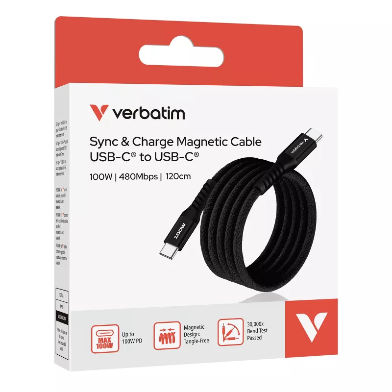 Verbatim Sync & Charge magnetický kábel – 100 W USB-C na USB-C 120 cm čierny