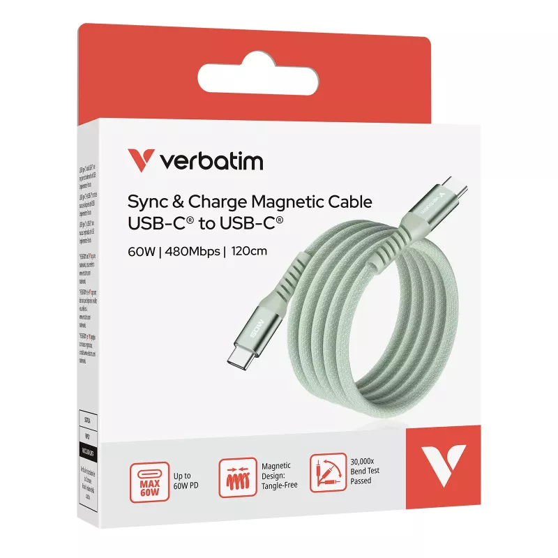Verbatim Sync & Charge magnetický kábel – 60W USB-C na USB-C 120 cm zelený