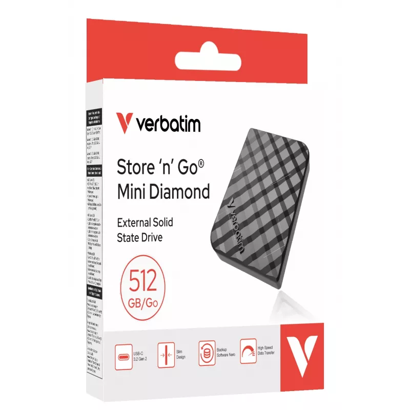 Verbatim Store 'n' Go Mini Diamond USB-C 512GB čierna, 512 GB, M.2, USB Type-C, 3.2 Gen 2 (3.1 Gen 2), 1000 MB/s, čierna