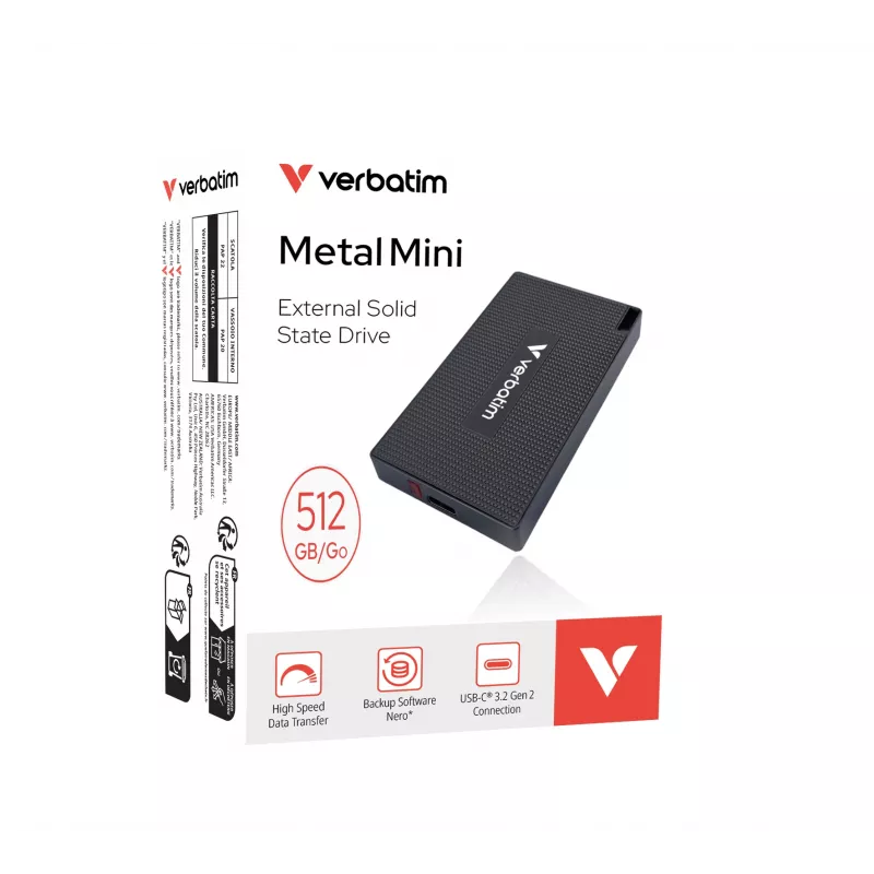 Verbatim Metal Mini SSD USB-C 3.Gen 2 512 GB, 512 GB, USB Type-C, USB 3.2 Gen 2x2, 2000 MB/s, 10 Gbit/s, sivá