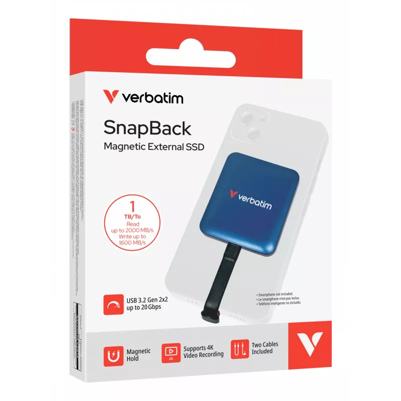 Verbatim SnapBack SSD 1TB modrá Metallic, 1 TB, USB Type-C, USB 3.2 Gen 2x2, 2000 MB/s, 20 Gbit/s, modrá