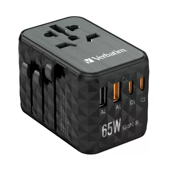 Verbatim UTA-05 65W GaN III univerzálny cestovný adaptér s 2 x USB-C PD & QC 4+ & 2 x USB-A konektormi