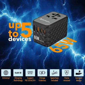 Verbatim UTA-05 65W GaN III univerzálny cestovný adaptér s 2 x USB-C PD & QC 4+ & 2 x USB-A konektormi