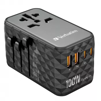Verbatim UTA-06 100W GaN III univerzálny cestovný adaptér s 2 x USB-C PD & QC 4+ & 2 x USB-A QC 3.0 konektormi