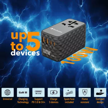 Verbatim UTA-06 100W GaN III univerzálny cestovný adaptér s 2 x USB-C PD & QC 4+ & 2 x USB-A QC 3.0 konektormi
