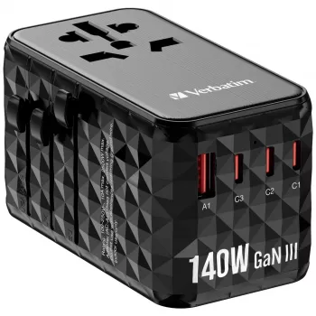 Verbatim UTA-10 140W GaN III univerzálny cestovný adaptér s 2 x USB-C PD 3.1 & QC 4+, 1 x USB-C PD 3.0 & 1 x USB-A QC 3.0 konektormi