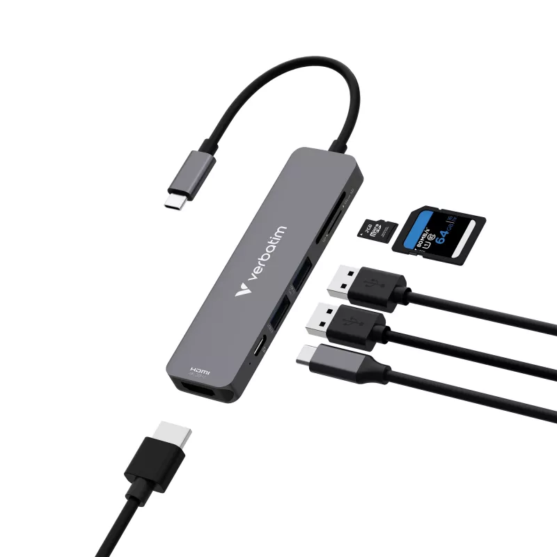 Verbatim USB-C Essentials multiport hub 6 portov: HDMI, USB-C PD, USB-A 3.2 Gen 1, USB-A, SD & microSD