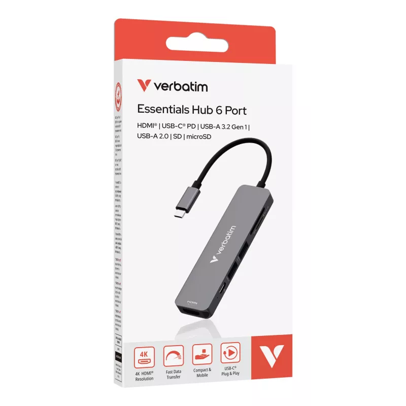 Verbatim USB-C Essentials multiport hub 6 portov: HDMI, USB-C PD, USB-A 3.2 Gen 1, USB-A, SD & microSD