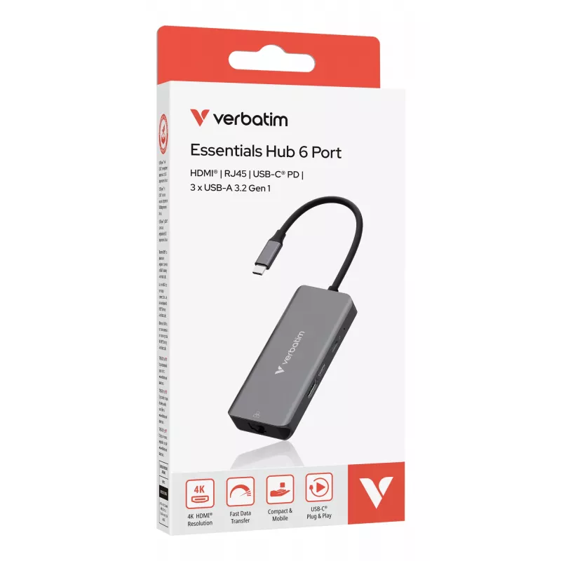 Verbatim USB-C Essentials multiport hub 6 portov: RJ45, HDMI, USB-C PD, 3 x USB-A 3.2 Gen 1