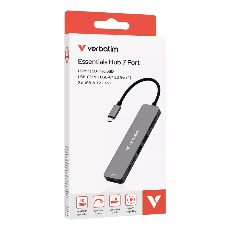 Verbatim USB-C Essentials multiport hub 7 portov: HDMI, USB-C, USB-C 3.2 Gen 1, 2 x USB-A 3.2 Gen 1, SD & microSD