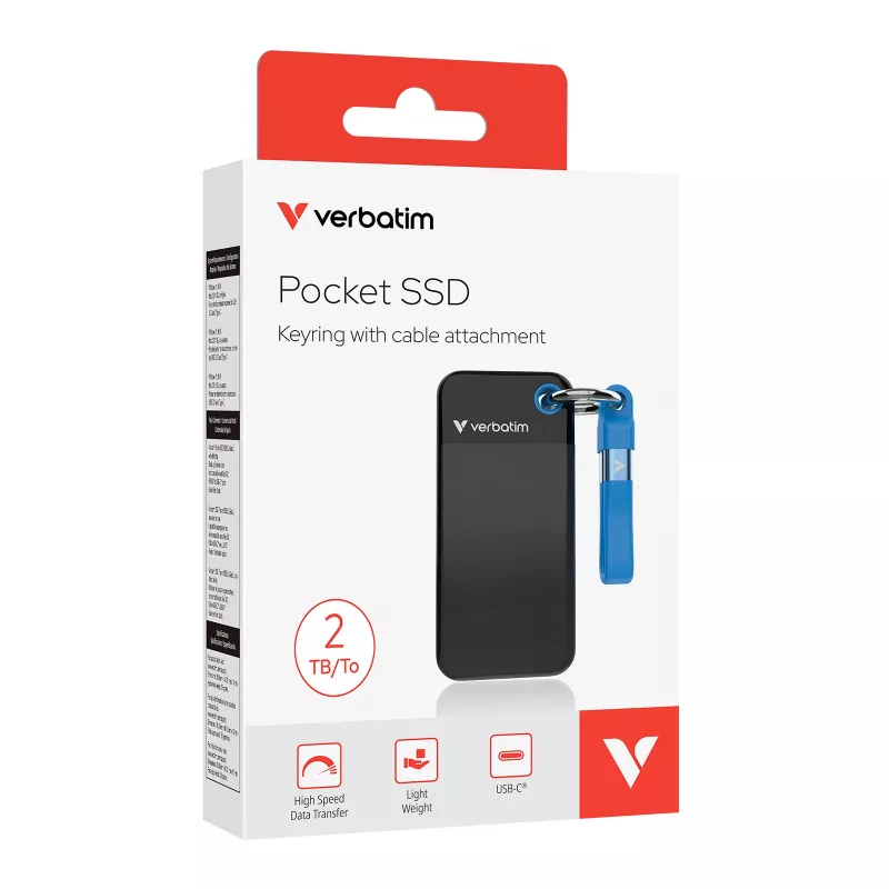 Verbatim Pocket SSD USB 3.2 Gen 2 2TB čierna/modrá, 2 TB, USB Type-C, 3.2 Gen 2 (3.1 Gen 2), 1000 MB/s, 10 Gbit/s, čierna, modrá
