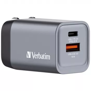 Verbatim GNC-35 GaN nabíjačka 35W s 1 x USB-C PD 35W / 1 x USB-A QC 3.0 (EU/UK/US)