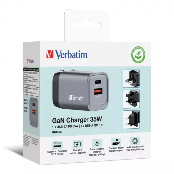 Verbatim GNC-35 GaN nabíjačka 35W s 1 x USB-C PD 35W / 1 x USB-A QC 3.0 (EU/UK/US)