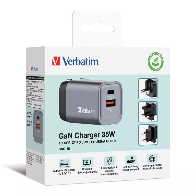 Verbatim GNC-35 GaN nabíjačka 35W s 1 x USB-C PD 35W / 1 x USB-A QC 3.0 (EU/UK/US)