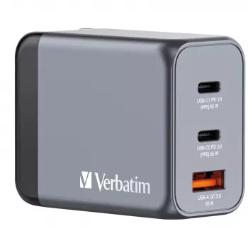 Verbatim GNC-65 GaN nabíjačka 65W s 2 x USB-C PD 65W / 1 x USB-A QC 3.0 (EU/UK/US)