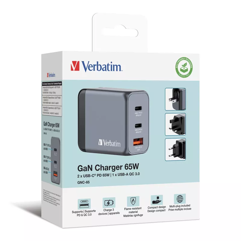 Verbatim GNC-65 GaN nabíjačka 65W s 2 x USB-C PD 65W / 1 x USB-A QC 3.0 (EU/UK/US)