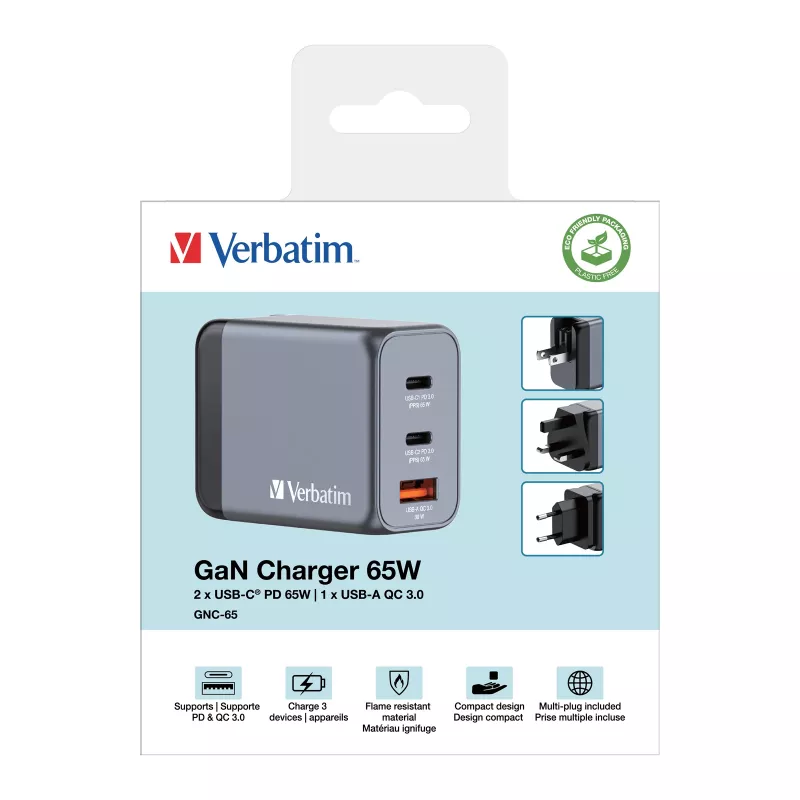 Verbatim GNC-65 GaN nabíjačka 65W s 2 x USB-C PD 65W / 1 x USB-A QC 3.0 (EU/UK/US)