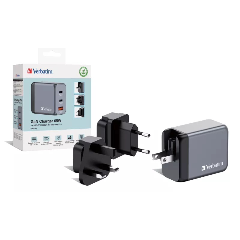 Verbatim GNC-65 GaN nabíjačka 65W s 2 x USB-C PD 65W / 1 x USB-A QC 3.0 (EU/UK/US)