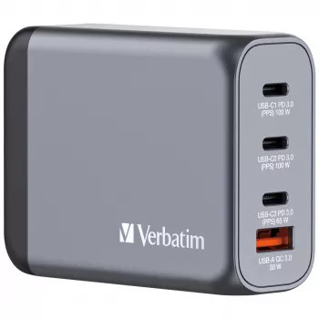 Verbatim GNC-100 GaN nabíjačka 100W s 2 x USB-C PD 100W / 1 x USB-C PD 65W / 1 x USB-A QC 3.0 (EU/UK/US)