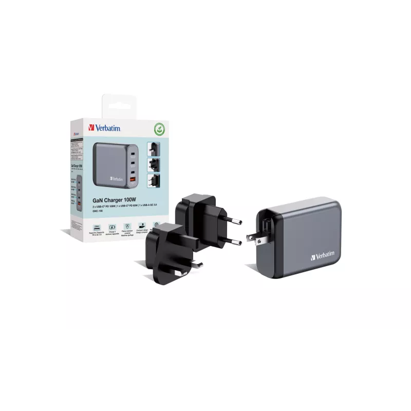 Verbatim GNC-100 GaN nabíjačka 100W s 2 x USB-C PD 100W / 1 x USB-C PD 65W / 1 x USB-A QC 3.0 (EU/UK/US)