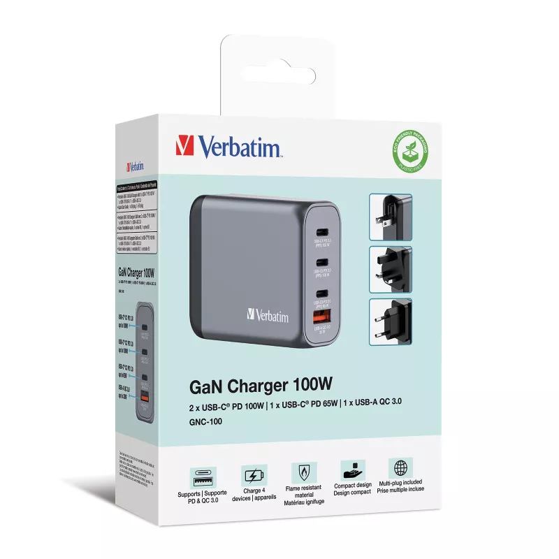 Verbatim GNC-100 GaN nabíjačka 100W s 2 x USB-C PD 100W / 1 x USB-C PD 65W / 1 x USB-A QC 3.0 (EU/UK/US)