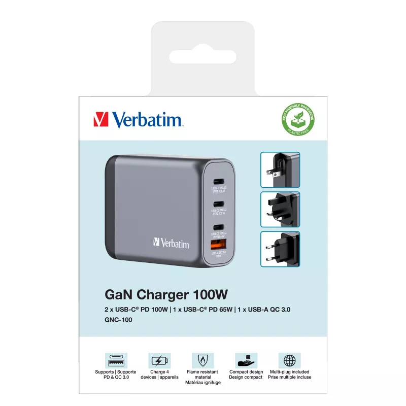 Verbatim GNC-100 GaN nabíjačka 100W s 2 x USB-C PD 100W / 1 x USB-C PD 65W / 1 x USB-A QC 3.0 (EU/UK/US)