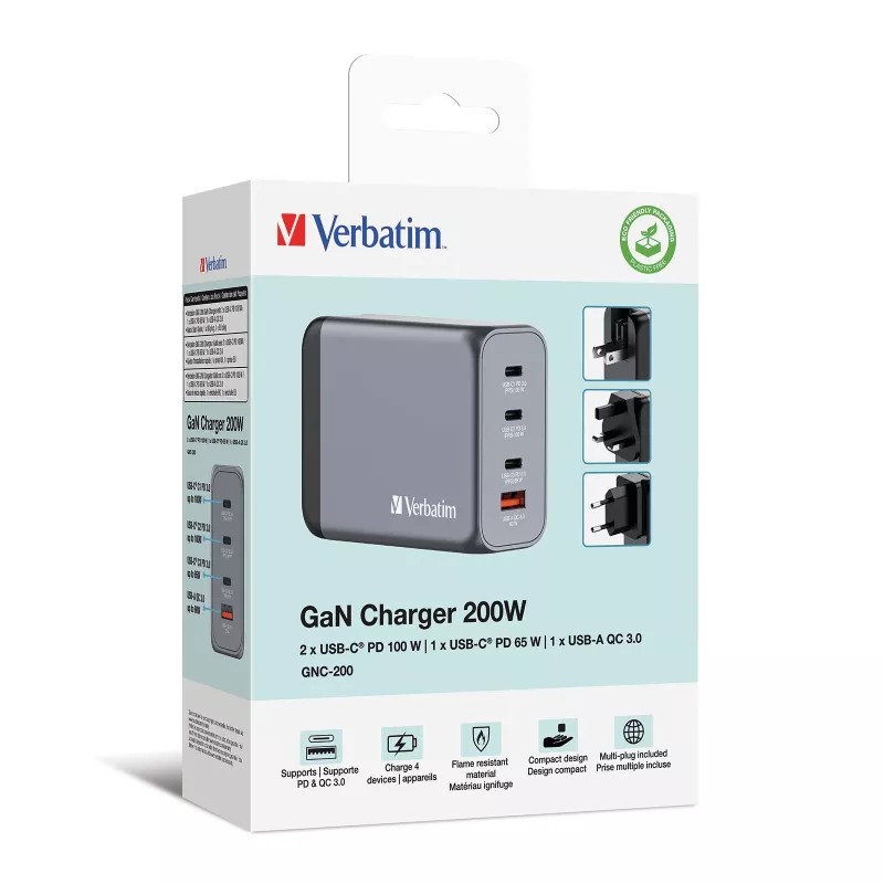 Verbatim GNC-200 GaN nabíjačka 200W s 2 x USB-C PD 100W / 1 x USB-C PD 65W / 1 x USB QC 3.0 (EU/UK/US)