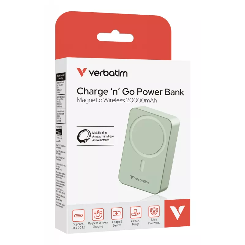 Verbatim Charge 'n' Go Essentials magnetická bezdrôtová powerbank 20000 mAh zelená