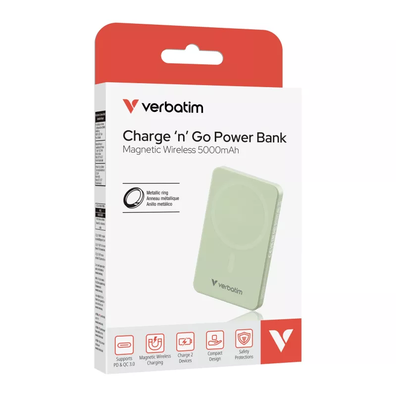 Verbatim Charge 'n' Go Essentials magnetická bezdrôtová powerbank 5000 mAh zelená