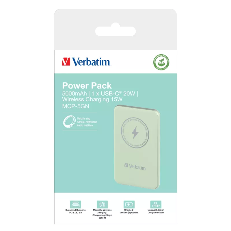 Verbatim Charge 'n' Go magnetická bezdrôtová powerbank 5000 mAh zelená