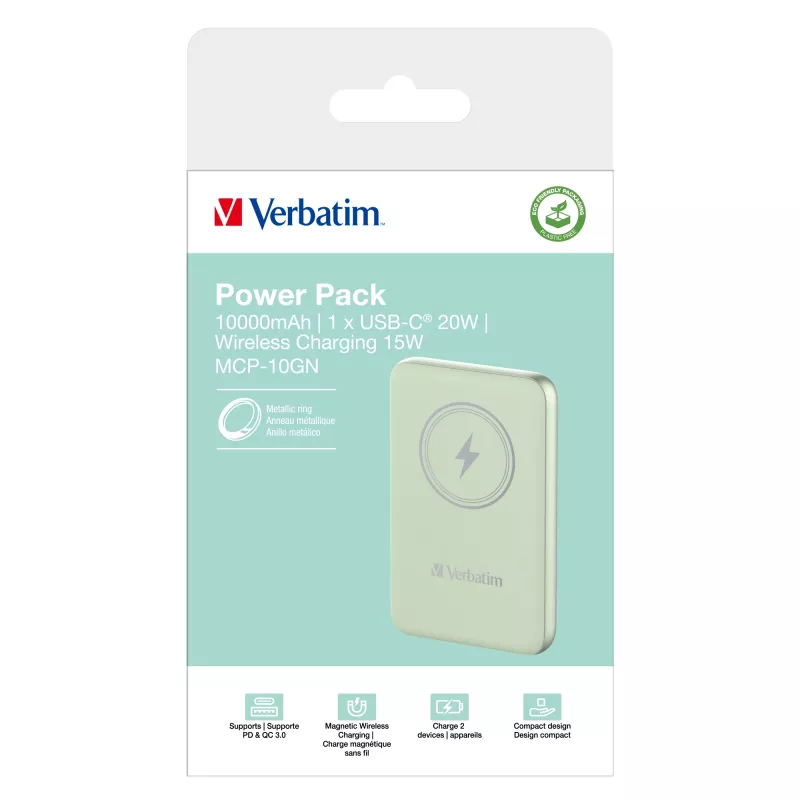 Verbatim Charge 'n' Go magnetická bezdrôtová powerbank 10000mAh zelená