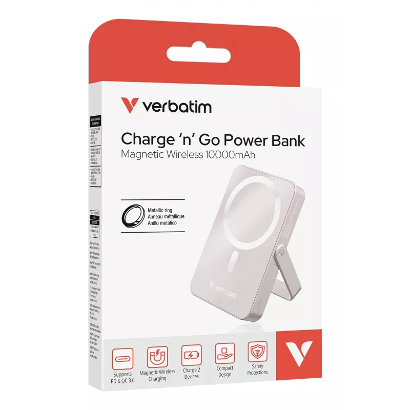 Verbatim Charge 'n' Go magnetická bezdrôtová powerbank so stojanom – 10000 mAh ružová