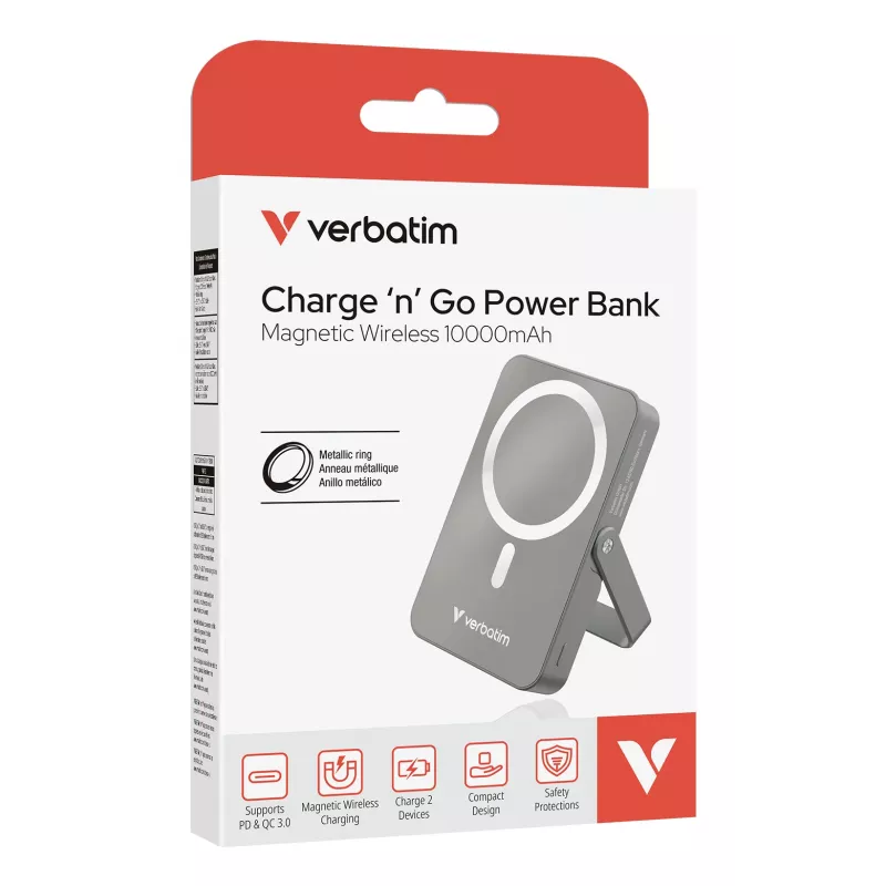 Verbatim Charge 'n' Go magnetická bezdrôtová powerbank so stojanom – 10000 mAh sivá