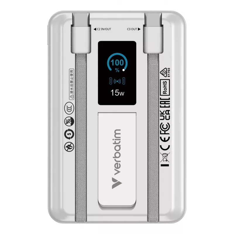 Verbatim Charge'n'Go 2C & displej powerbank 10000 mAh strieborná