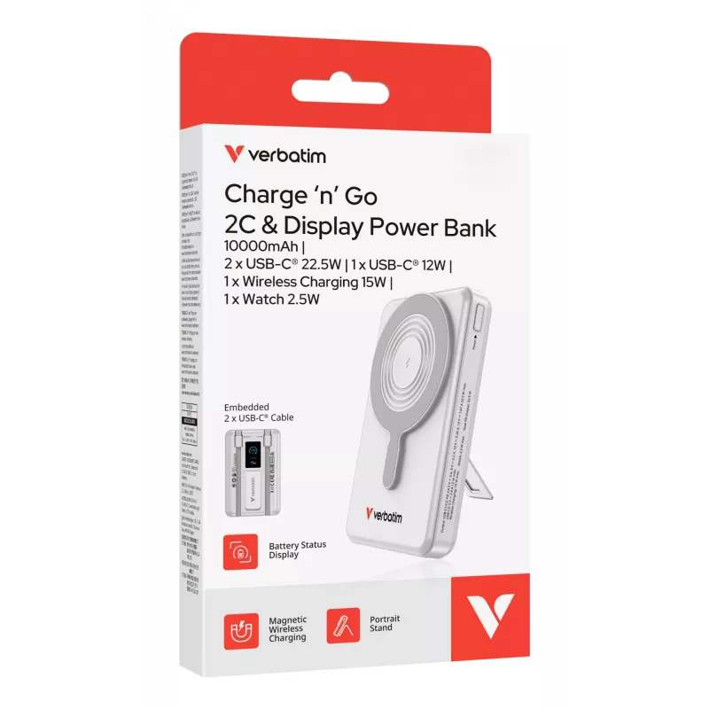 Verbatim Charge'n'Go 2C & displej powerbank 10000 mAh strieborná