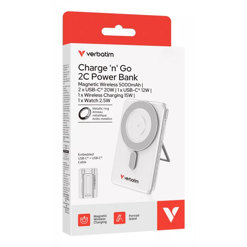 Verbatim Charge'n'Go 2C powerbank 5000 mAh strieborná, 5000 mAh, lithium-polymer (LiPo), Adaptive Fast Charging, Power Delivery 3.0, Quick Charge 3.0, bezdrôtové nabíjanie, 3,85 V, 20 W