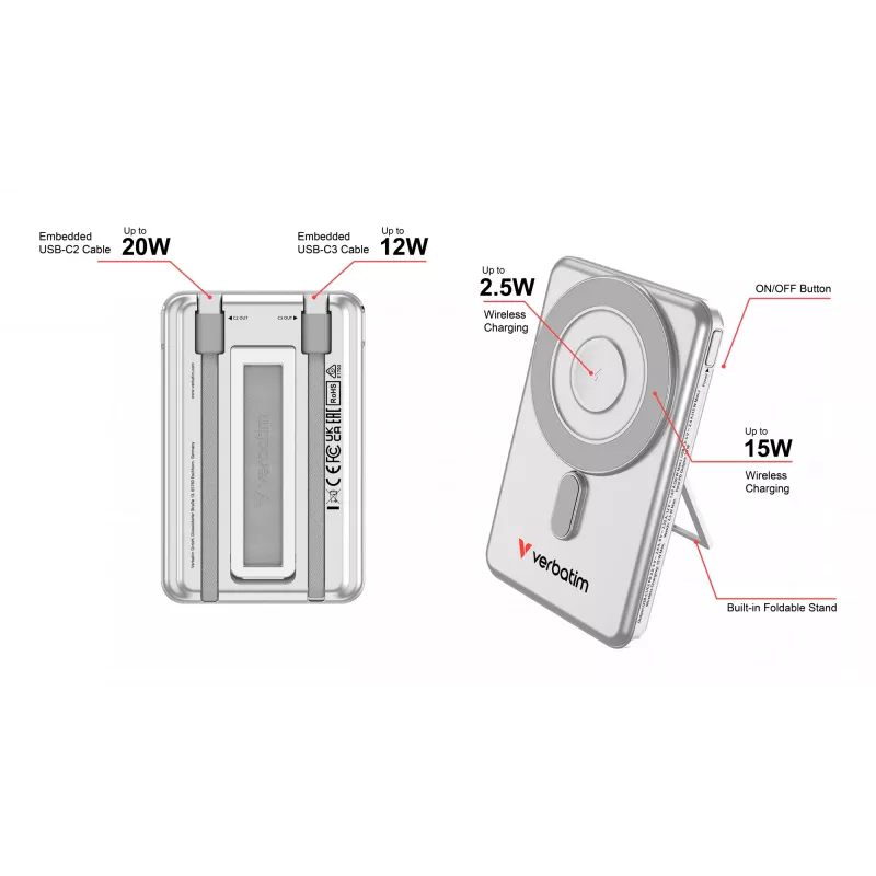 Verbatim Charge'n'Go 2C powerbank 5000 mAh strieborná, 5000 mAh, lithium-polymer (LiPo), Adaptive Fast Charging, Power Delivery 3.0, Quick Charge 3.0, bezdrôtové nabíjanie, 3,85 V, 20 W