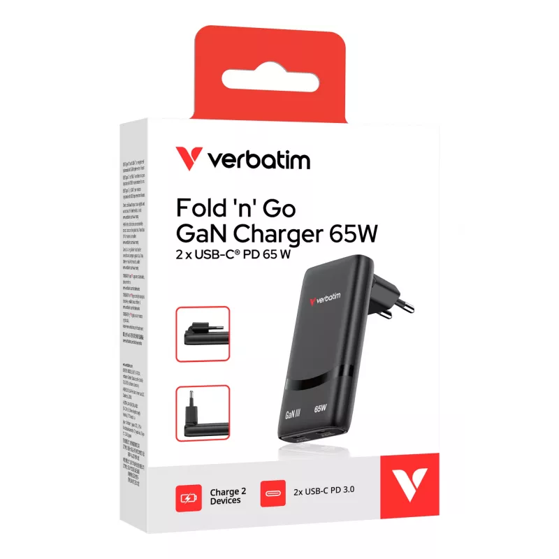 Verbatim Fold 'n' Go GaN nabíjačka 65W EU konektor čierna, interiér, AC, 20 V, čierna
