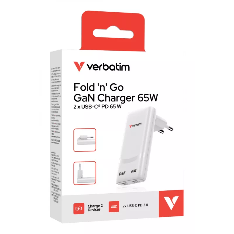 Verbatim Fold 'n' Go GaN nabíjačka 65W EU konektor biela