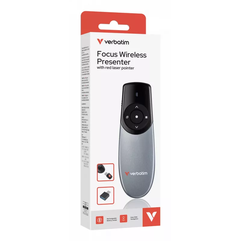 Verbatim Focus bezdrôtový prezentér s červeným laserovým ukazovátkom, RF, USB, 30 m, čierna, strieborná