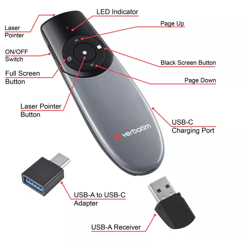 Verbatim Focus bezdrôtový prezentér s červeným laserovým ukazovátkom, RF, USB, 30 m, čierna, strieborná