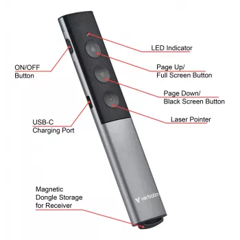 Verbatim Agenda bezdrôtový prezentér s červeným laserovým ukazovátkom, RF, USB, 100 m, čierna, strieborná
